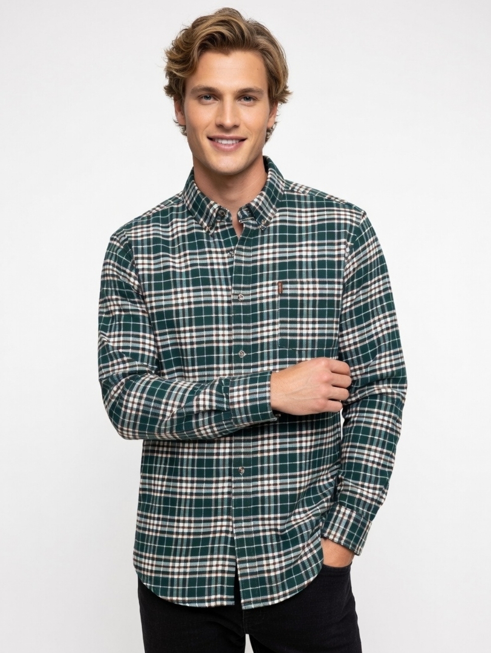 Men's Chaps Stretch Green Plaid Button-Down Shirt (SIZE:XL)